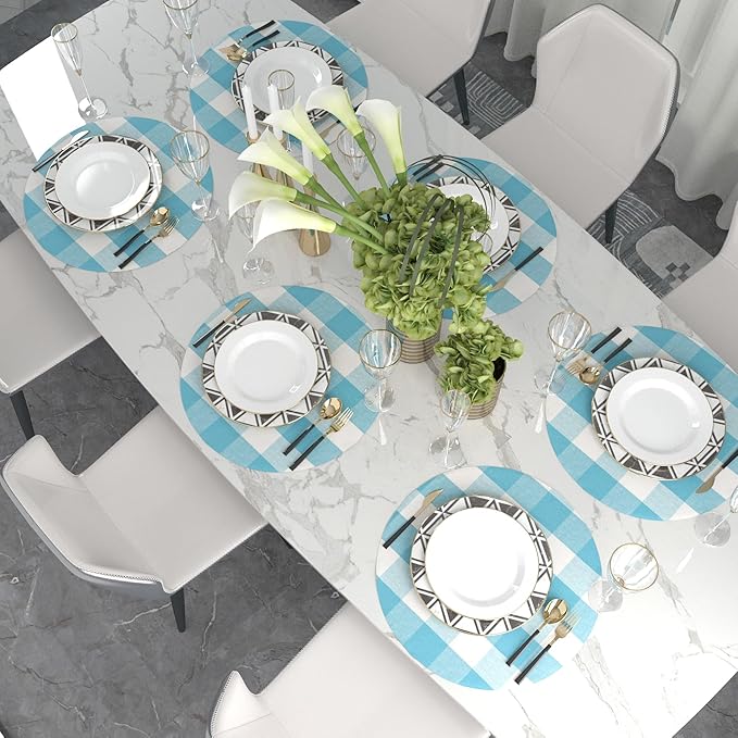 Sky Blue & White Cotton Buffalo Check Round Placemat, Set of 4, 15 Inch eco-Friendly Fabric Handcrafted Machine Washable Indoor & Outdoor Tablemat