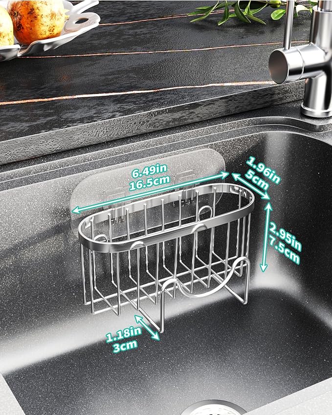HapiRm Multifunctional Adhesive Kitchen Sink Organizer with M-Shaped, 2 Installation Methods Kitchen Sponge Holder, Rustproof Sponge Caddy for Brush, Sink Stopper and Scraper -Silver