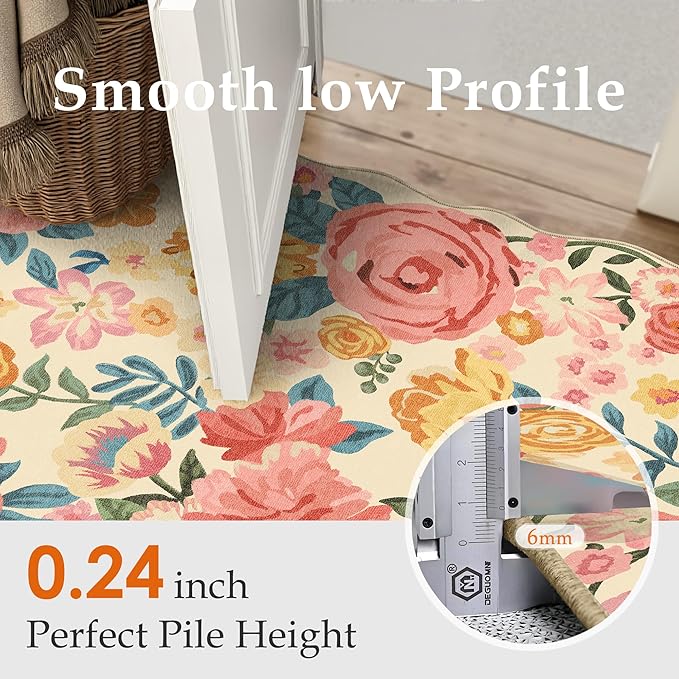Washable Floral Area Rug 8x10 Beige Living Room Large Carpet Bedroom Scalloped Flower Non Slip Soft Throw Rug Farmhouse Low Pile Thin Indoor Floor Cover for Dining Room Office