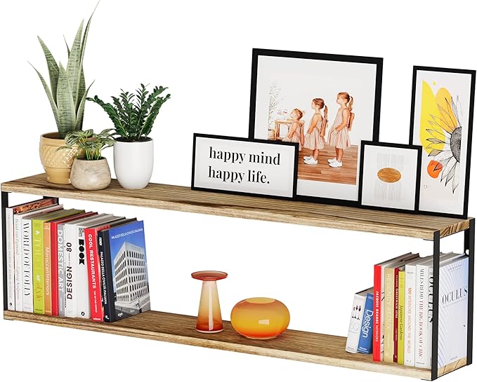 Wallniture Roca 36"x6" Bookshelf for Living Room Decor, 2 Tier Floating Shelves for Office Supplies, Entryway, Bathroom Organizer Shelf, Burnt Finish