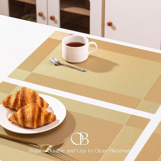 Placemats Set of 8 - Easy Clean Woven Vinyl Placemats for Dining Table, Indoor/Outdoor Place Mats, Washable PVC Table Mats(Gold Cube)
