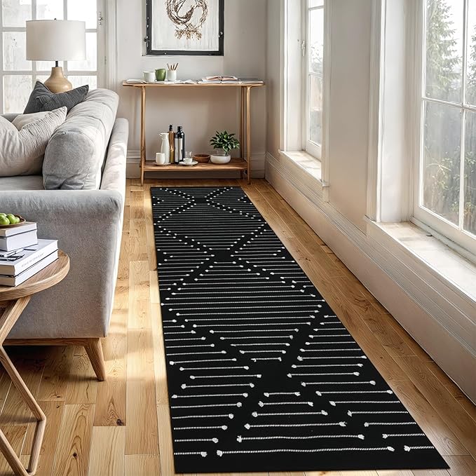 LIVEBOX Black Runner Rug for Kitchen, 2'x8' Boho Washable Rug Runner for Hallway,Moroccan Cotton Long Entryway Area Rug Indoor Carpet for Bedroom Laundry Doorway Entry