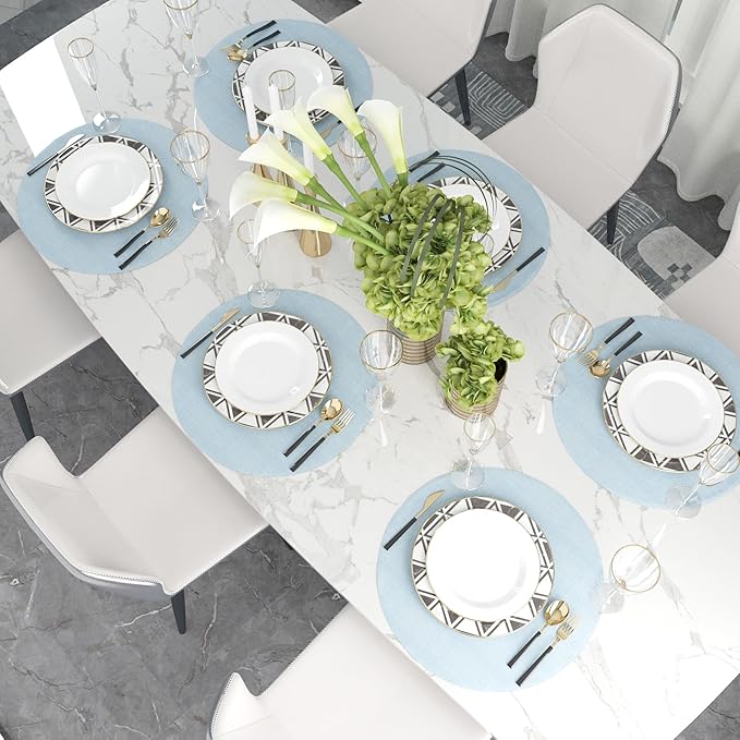 Set of 4 Round Placemat 15 Inch Soft Linen eco-Friendly Fabric Handcrafted Machine Washable Indoor & Outdoor Tablemat Light Blue