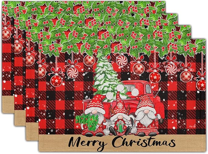Winter Placemats Set of 4, 12 x 18 Inch Xmas Tree Gnome Truck Dining Table Mats Red Black Buffalo Plaid Rectangle Tabletop Decor for Holiday Seasonal Dining Party