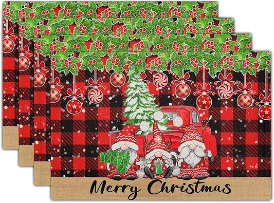 Winter Placemats Set of 4, 12 x 18 Inch Xmas Tree Gnome Truck Dining Table Mats Red Black Buffalo Plaid Rectangle Tabletop Decor for Holiday Seasonal Dining Party