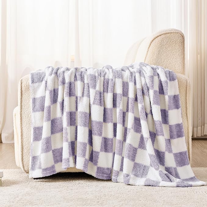 EMME Checkered Blanket Throw - 50"x60" Lavender Knit Blanket Soft Fluffy Patterned Throw Blankets for Couch, Sofa, Chair, Bed, Camping, Picnic, Travel