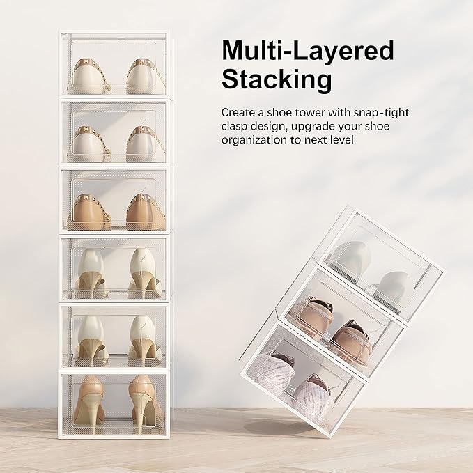 SEE SPRING X-Large Shoe Storage Box Fit Size 11, Clear Plastic Stackable Shoe Organizer for Closet, Space Saving Foldable Shoe Rack Sneaker Container Bin Holder, 12 Pack Clear