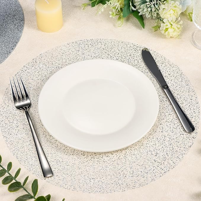 100 Piece Silver Placemats 13 Inch Disposable Silver Foil Place Mats Round Mesh Pressed Paper Placemat for Elegant Wedding, Birthday Party, Church Banquet, Dinners, and Dining Room Table Decor
