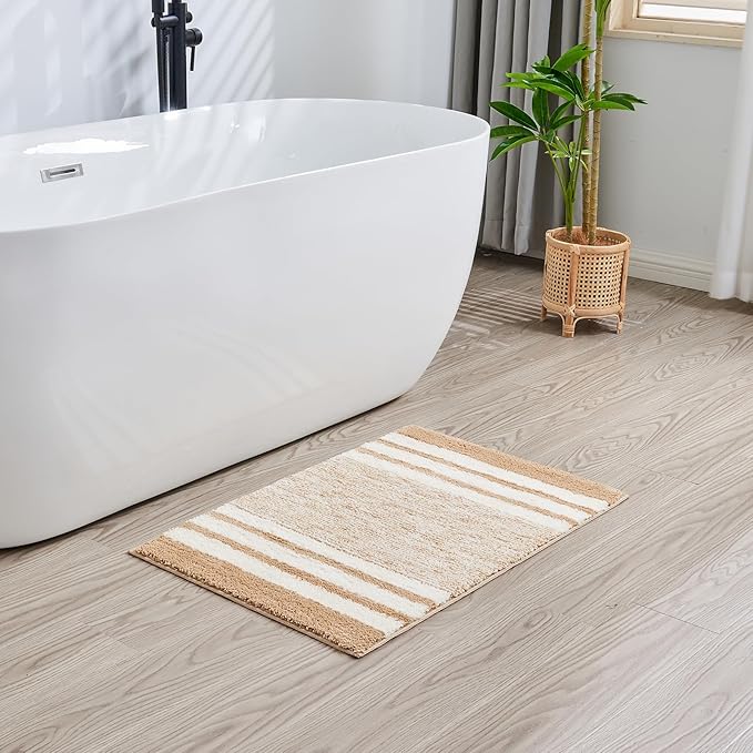CozeCube Beige Striped Bath mats for Bathroom Non Slip, Fluffy Absorbent Microfiber Bath mat Washable, Aesthetic Bathroom Rugs, Large Bath mat for Sink, 36" x 24"