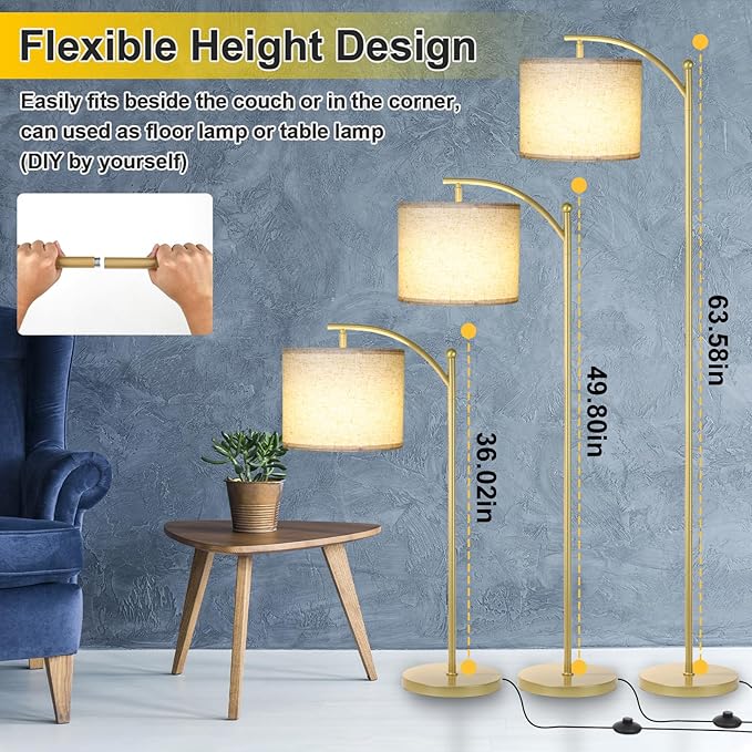 Floor Lamp for Living Room, Dimmable Standing Lamp Tall with Linen Shade Modern Floor Lamps Foot-Step Switch Reading Lamp for Living Room Bedroom Office Dining Room, 9W Bulb Included (Gold)