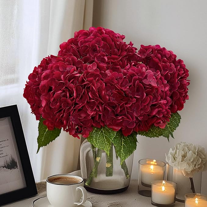 MARTINE MALL 3Pcs 21in Hydrangea Artificial Flowers, Latex Real Touch Hydrangeas Lifelike Large Hydrangea Flowers for Home Decor Party Arrangements Wedding Bouquets Centerpieces (Burgundy)