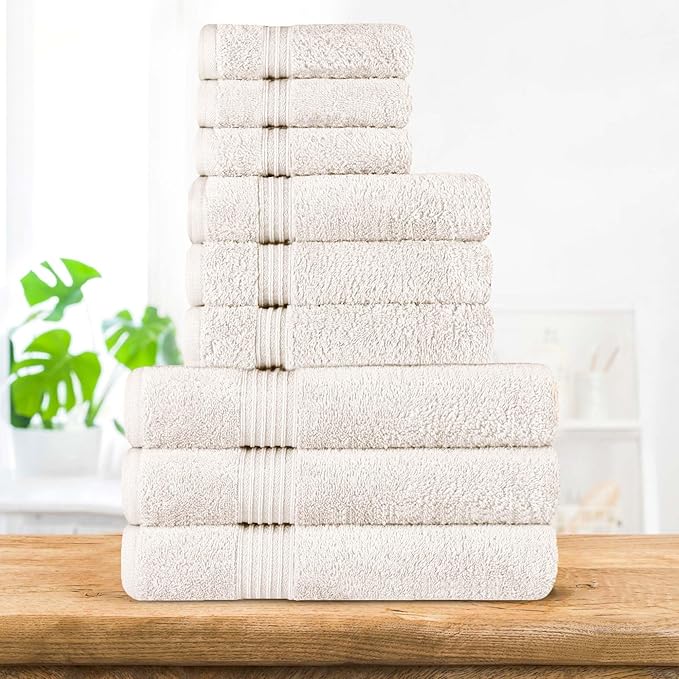 Superior Egyptian Cotton 9-Piece Towel Set, Assorted Towels for Home Bathroom, Guest Bath Decor Essentials, Includes 3 Bath, 3 Hand, 3 Face Towels/Washcloths, Quick Dry, Absorbent - Ivory