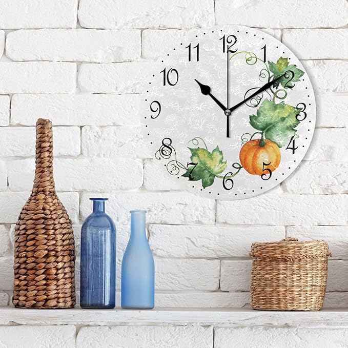 ALAZA Wall Clock Watercolor Pumpkin Leaves Silent Non-Ticking Decorative Wall Clocks Battery Operated 10 Inch for Home Living Room Kitchen Bathroom Bedroom