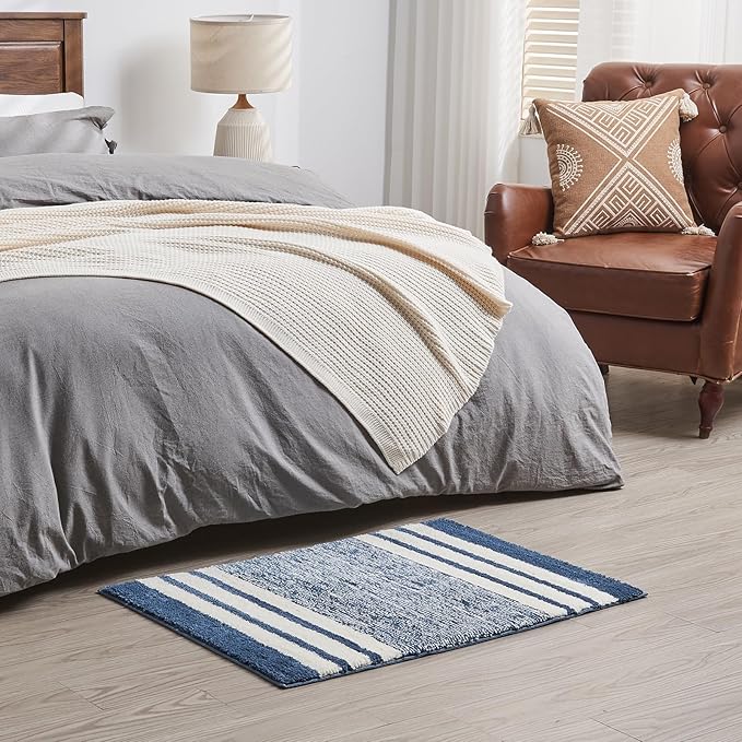 CozeCube Blue Striped Bath mats for Bathroom Non Slip, Fluffy Absorbent Microfiber Bath mat Washable, Aesthetic Bathroom Rugs, Cute Bath mat for Sink, 20" x 32"