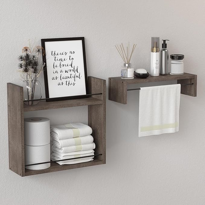 RICHER HOUSE Floating Shelves, Wall Shelves Above Toilet Wall Storage, Wall Mounted Bathroom Shelves with Towel Bar, Shelves for Bedroom, Kitchen, Vanity Shelves Room Decor Wall Cabinet - Brown
