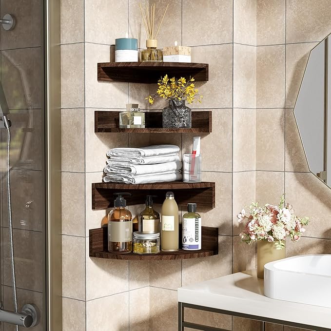 Alsonerbay Corner Shelf Wall Mount, Floating Shelves for Wall Storage and Display, Set of 4 Rustic Wood Shelves for Bedroom, Kitchen, Living Room, Nursery and Office (Dark Brown)
