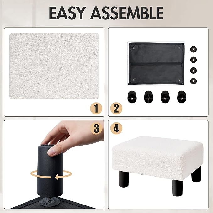 BRIAN & DANY Small Foot Stool Ottoman, Footstool with Legs, Teddy Velvet Foot Rest for Living Room, Bedroom and Office, White