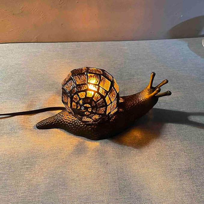 Bieye L10980 Land Snail Tiffany Style Stained Glass Accent Table Lamp for Home Decor (Amber, 10" D x 5" W x 5" H)