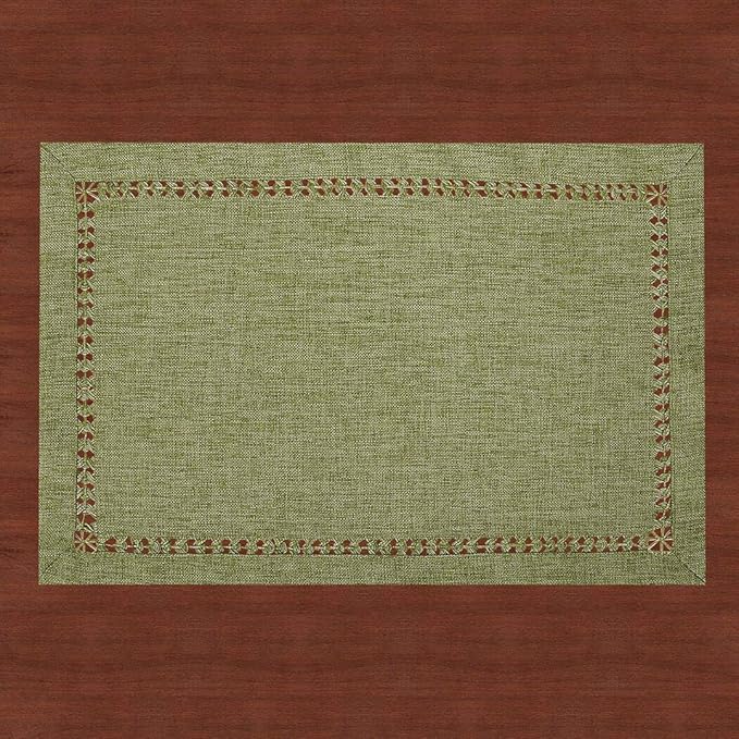 Grelucgo Set of 4 Handcrafted Solid Sage Green Color Dining Table Place-mats, Double-Hemstitched, Rectangular 12 x 18 Inch