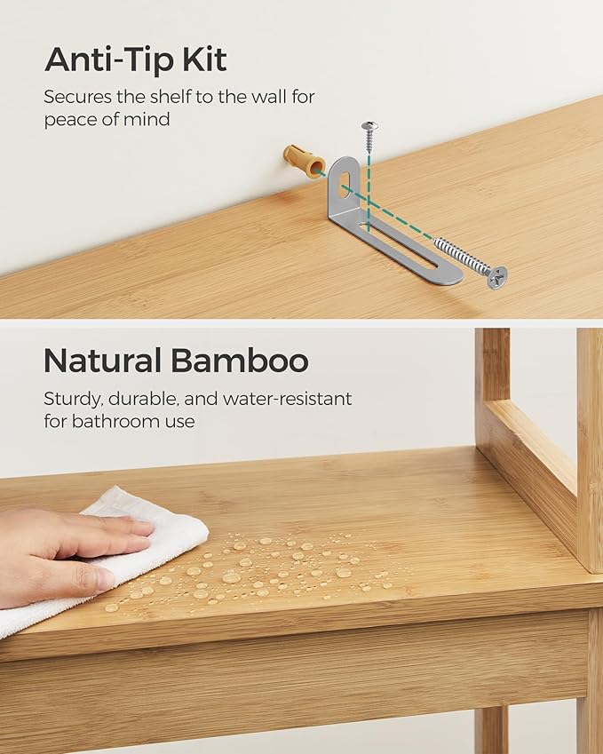 SONGMICS Over The Toilet Storage Cabinet with Charging Station, Bathroom Cabinet with Adjustable Inside Shelf and Bottom Stabilizer Bar, Space-Saving Toilet Rack, Natural Beige UBTS015N01