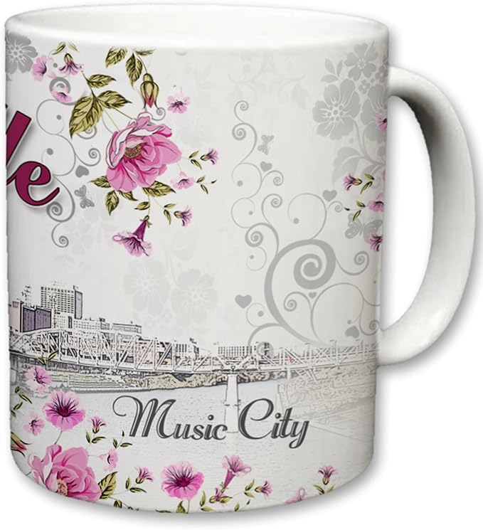 Sweet Gisele | City of Nashville Ceramic Mug | Coffee Cup | Downtown Skyline Background | Music City Theme | Pink Guitar & Floral Pattern Foreground | Great Novelty Gift | 11 Fl. Oz (Pink/Grey)