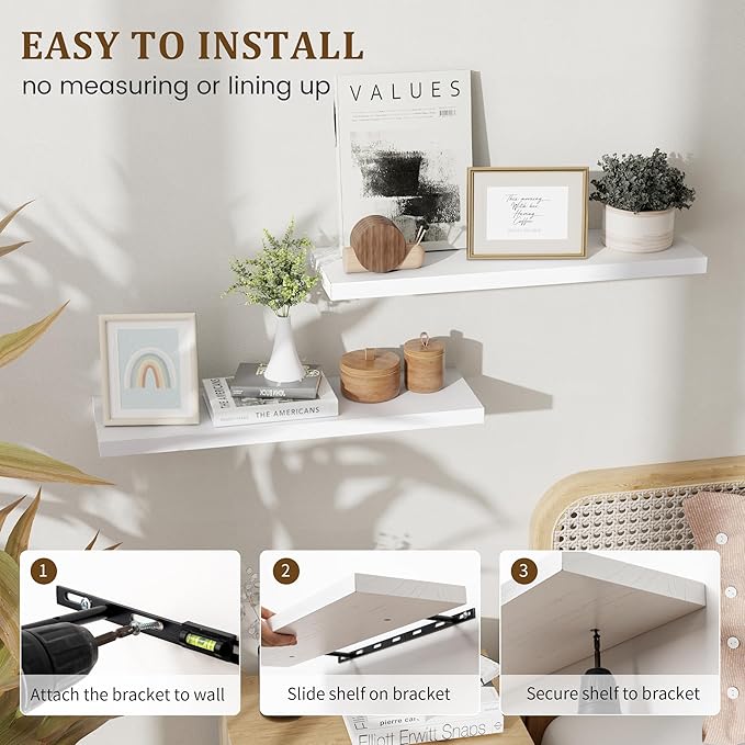 Marsmiles Wood Floating Shelves for Wall Storage, 24 inch Wide Set of 2, Invisible Wall Mounted Rustic Wooden Display Shelves for Living Room Bathroom Bedroom Kitchen Office,White