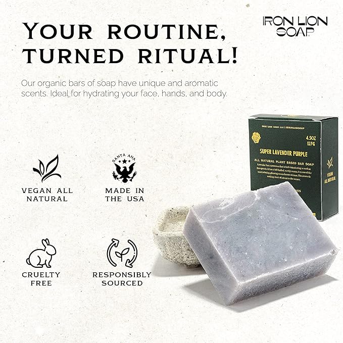 Lavender Organic Soap Bar - Made in USA - All Natural Bath Soaps for All Skin Types - Plant Based, Cold Process and Handmade - (3 Pack)
