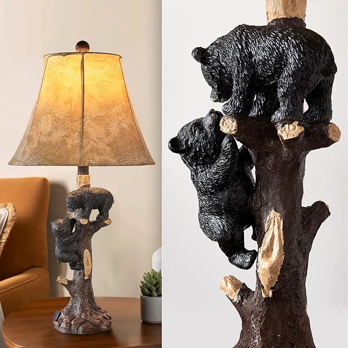 LOKHOM Climbing Bears Rustic Western Table Lamp Set of 2, 26" Rustic Bedside Lamp with USB & TypeC Charging Port, Natural Bears Table Lamp for Bedroom Living Room Foyer Office Valentine's Day Gift