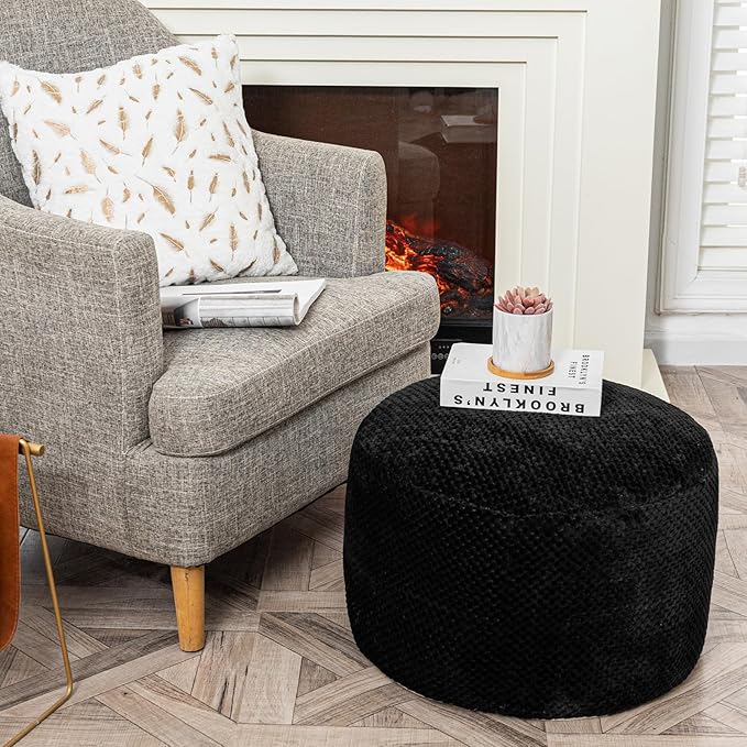Asuprui Pouf Ottoman Stuffed Pouf Ottoman Foot Rest Stuffed Soft Foot Stool with Filler 20x20x12 Inches Fuzzy Chair Floor Chair Foot Rest with Storage for Living Room Bedroom Black Pouf with Filler