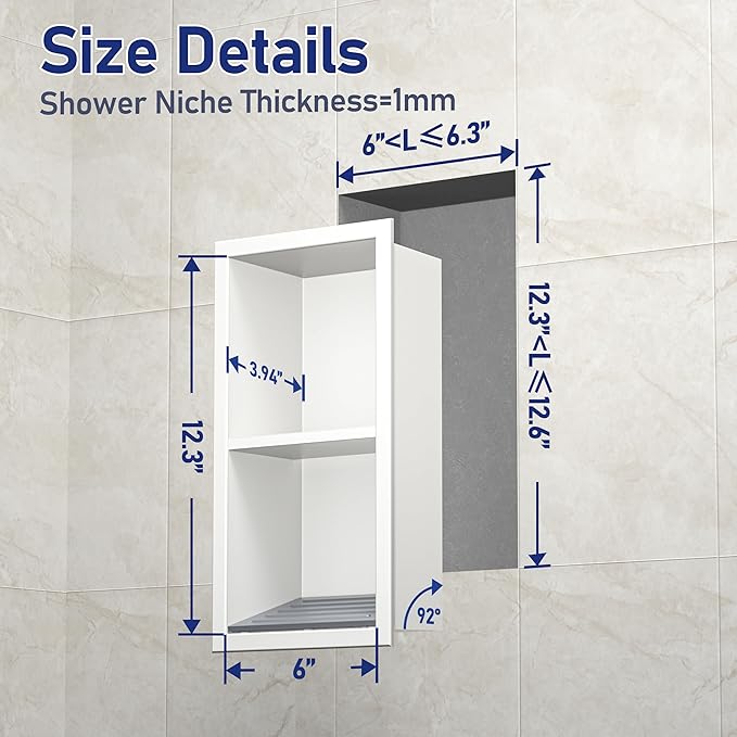 Shower Niche, 304 Stainless Steel Shower Stool for Bathroom, Recessed Shower Footrest w/Over Mount Installation, No Tile Needed (Matte White, 12.3''x6'')