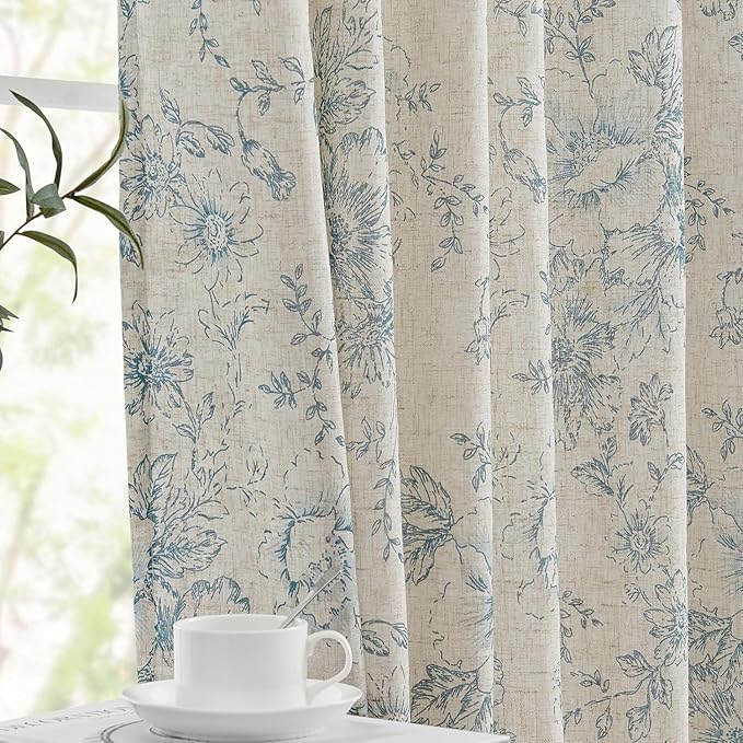 jinchan Linen Blend Curtain Floral Curtains for Living Room 90 Inch Length Blue Printed Curtain Rod Pocket Back Tab Farmhouse Peony Flower Patterned Drapes Bedroom Window Curtains Set 2 Panels