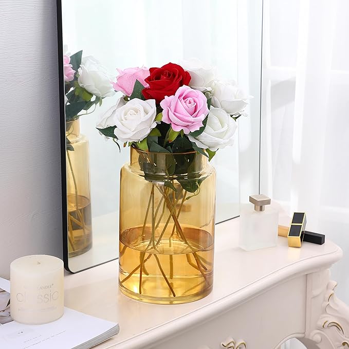 Large Glass Vase, 9 Inch Amber Glass Vase, Large Flower Vases for Bouquet, Tall Wide Mouth Vases for Flowers, Home, Wedding, Living Room, Office Decor