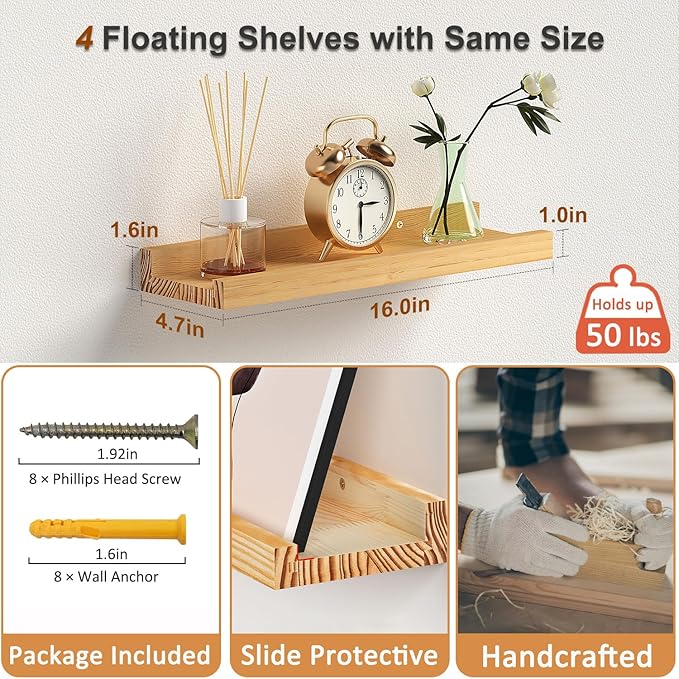 Picture Ledge Shelf, 16 inch Solid Pine Wood Floating Shelves, Floating Book Shelves for Living Room Bedroom Kitchen Decor, Natural Unfinished, No Stain, DIY, Set of 4 (Maple Wood, 4Pack 16inch)