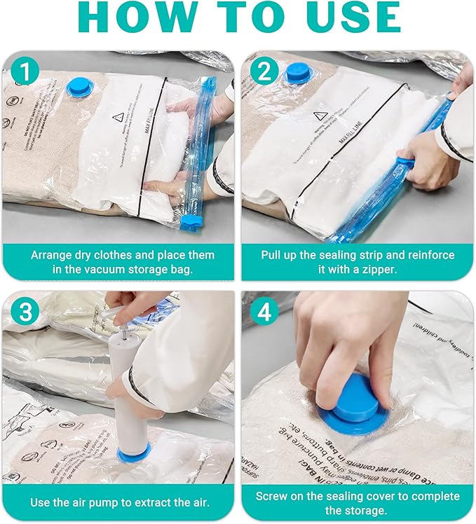 15 Pack Vacuum Storage Bags 80% Space Saver Vacuum Seal Bags for Clothing Compression for Comforters Blankets Travel Luggage Clothes with Hand Pump(3 Jumbo/3 Large/3 Medium/3 Small/3 Roll)