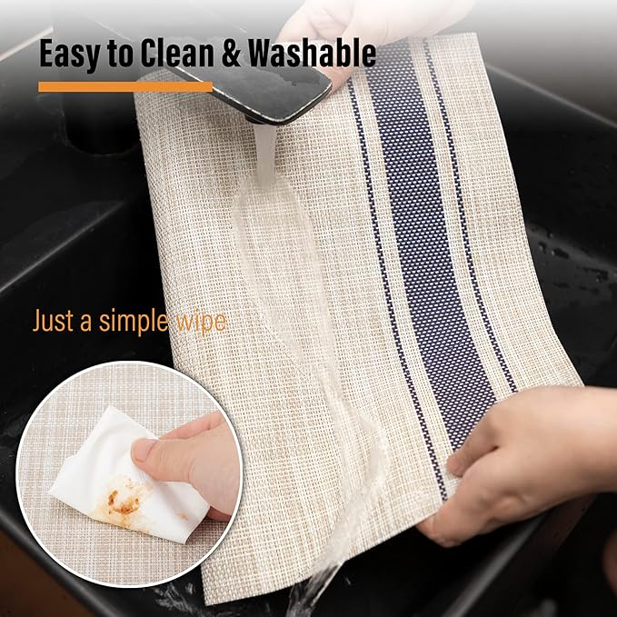 Winknowl Placemats, Set of 8 Heat Resistant Stain Resistant Non-Slip Woven Vinyl Insulation Placemats, Washable Durable Elegant Table Mats for Dining (Beige Blue)