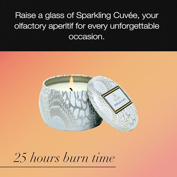 Voluspa Sparkling Cuvee, Mini Tin Candle, 4 oz, 25 Hour Burn Time, Coconut Wax for Clean Burning, Handcrafted in the USA