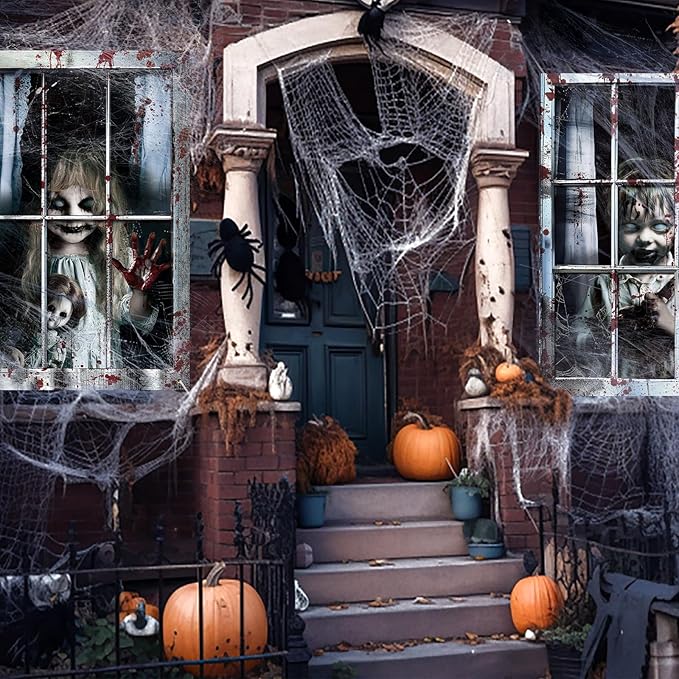 2 Pcs Halloween Boy and Girl Scary Curtain Halloween Window Silhouette Decoration Blood Ghost Window Cover Horror Theme Window Poster for Indoor Outdoor Party Wall Garage Door Decor