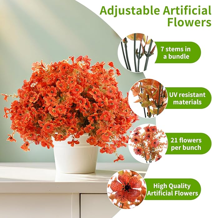 14 Bunch Outdoor Artificial Flowers with Plastic Plants Eucalyptus Faux Flowers, Outdoor Front Porch Hanging Planter Window Frame Garden Decor (Orange)