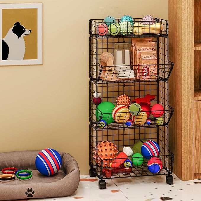 Bath Toy Storage Organizer, 4 Tier Rolling Outdoor Toy Storage, Wire Toy Organizer Kids Bookshelf for Playroom Bedroom (Black, Extra Large)