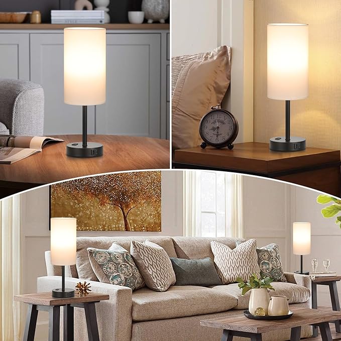 17.4inches Tall White Bedroom Lamps Set of 2-3 Way Dimmable Touch Table Lamps with USB C and A Ports, Lamps for Nightstand with AC Outlet, Desk Lamps with Black Base for Office