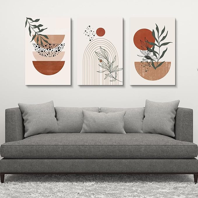 Boho Wall Art - Mid Century Modern Set of 3 Abstract Geometric Prints, Black Beige Terracotta, Framed Canvas Artwork for Living Room, Bathroom, Bedroom Decor
