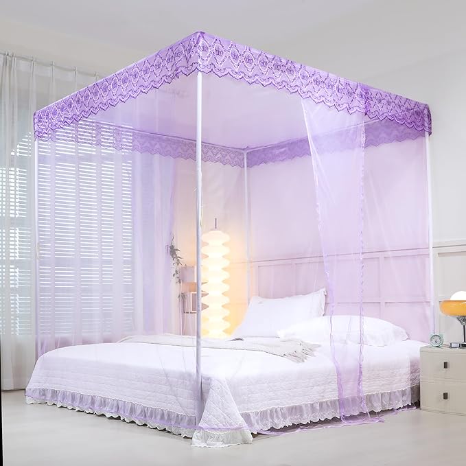 Bed Canopy, Princess Bed Curtain Net for Girls & Adults,Three-Doors Rectangle Lace Dome Netting (Purple, Queen)