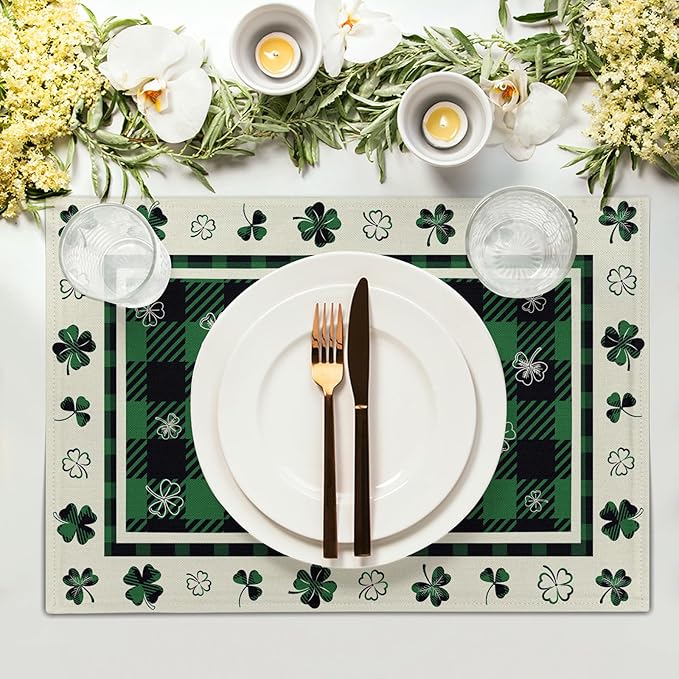 Giwawa Lucky Clover Placemats Set of 4 for Kitchen Dining, St Patricks Day Shamrocks Buffalo Plaids Washable Linen Place Table Mat 12x18 Inches for Tabletop Holiday Party Picnic Decor