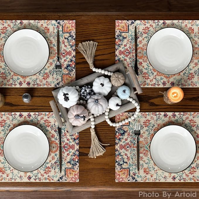Artoid Mode Boho Placemats Set of 6,12x18 Inch Seasonal Daily Orange Teal Flowers Bohemia Table Mats for Party Kitchen Dining Decoration