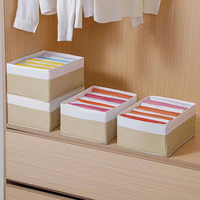 4 Packs T-shirt Drawer Organizers for Clothing,8 Grids Compartment Wardrobe Storage Box, Washable Clothes Organizer for Folded Clothes, Legging, Silk Scarve-12.59''x9.05''x5.9-BeigeWhite