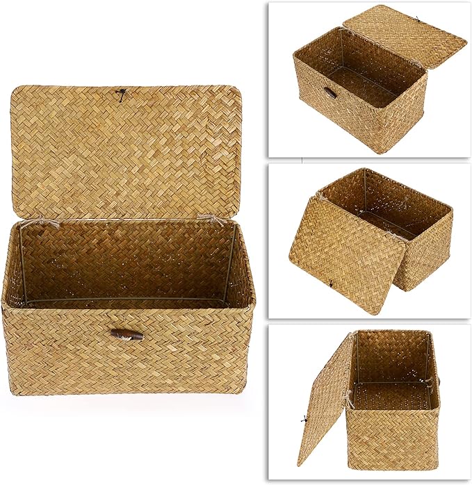 Hipiwe Wicker Shelf Baskets Bin with Lid, Handwoven Seagrass Basket Storage Bins Rectangular Household Basket Boxes for Shelf Wardrobe Home Organizer, Caramel Medium