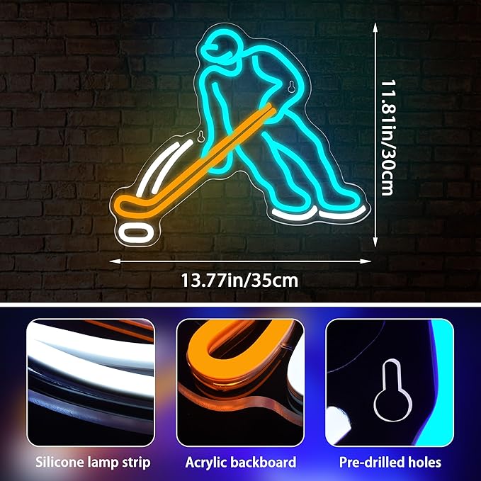 Ice Hockey Neon Sign for Wall Decor Sports Neon Sign for Man Cave Hockey Player LED Light for Garage Decor Dormitory Bar Club Shop Wall Great Birthday Gift for Men Size13.7 * 11.8inch(ZKXD194)
