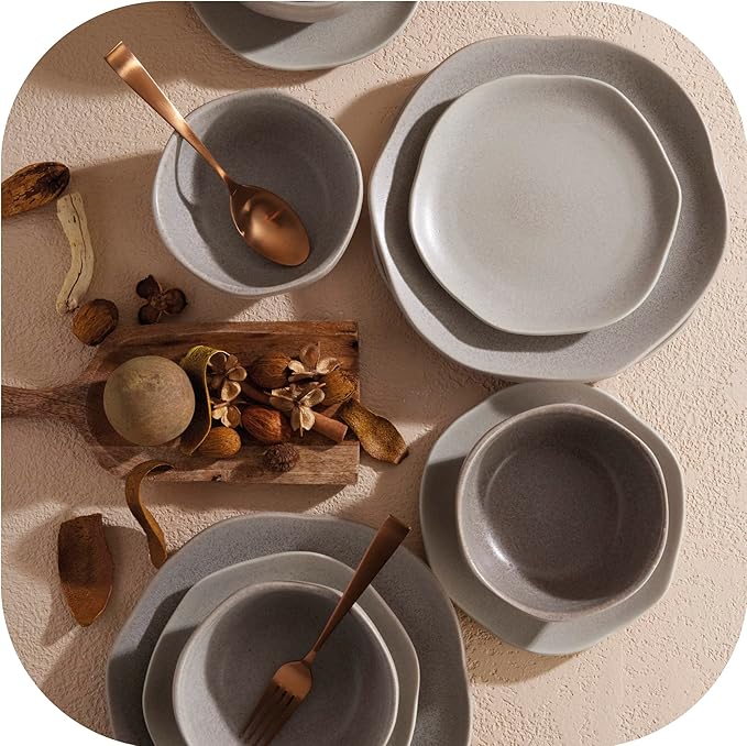 Corona Dinnerware Set 12– piece, Plates and Bowls Set, Ceramic Sets for 4, Microwave and Dishwasher Safe, Concreto Reactive Glaze
