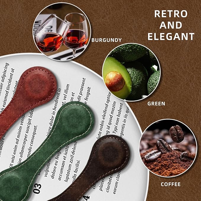 Set of 3 Magnetic Bookmarks, Vintage Genuine Leather Book Marks for Reading, Magnetic Page Clips Book Markers, Best Gift for Book Lovers Reading Men Women Teachers Students(Burgundy+Green+Coffee)