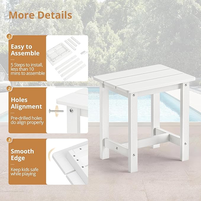 LUE BONA Outdoor Side Table Set of 2, HDPS Small Outdoor Table, Adirondack Side Table, Outside End Table for Patio, Porch, Deck, Pool, Weather Resistant/Easy Maintenance/Indoor or Outdoor Use, White